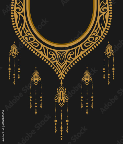Elegant gold ornamental collar neckline design on black background. Suitable for garment printing, luxury fashion, ethnic clothing, textile production, embroidery reference, and premium fabric decorat