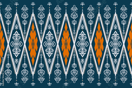 Seamless geometric ornamental border pattern in blue and teal tones. Ideal for textile printing, garment borders, ethnic fashion, fabric manufacturing, and decorative apparel design.