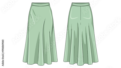 Elegant flowing midi skirt design in serene light green hue showing both front and back views a versatile fashion flat technical sketch for apparel