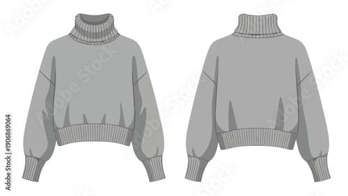 Technical flat sketch showcasing a fashionable grey oversized women's turtleneck sweater complete with a ribbed collar and cuffs presenting both