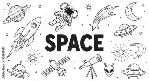 Black and white doodle set featuring space objects like a rocket, astronaut, alien, and planets, ideal for educational materials and science themes.