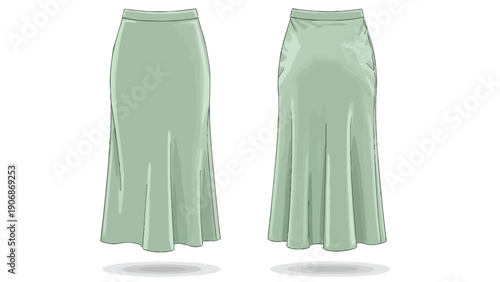Elegant flowing mint green maxi skirt flat technical drawing, showcasing modern fashion apparel, detailed front and back views for versatile garment