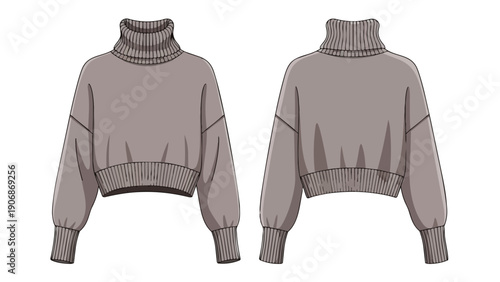 Modern women's cropped turtleneck sweater design presented as a fashion technical flat illustration, displaying both front and back views for