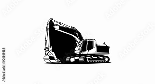 Detailed black and white illustration of a tracked excavator