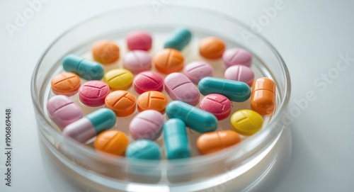 Bright pills in petri dish ...