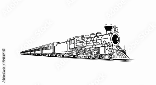 Detailed black and white illustration of a vintage steam locomotive pulling passenger cars