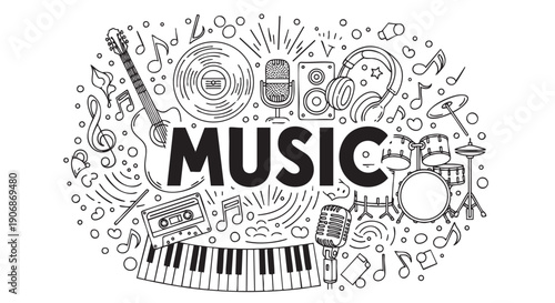 An illustration featuring various music instruments, notes, and the word "MUSIC" in bold against a white background, creating a fun, playful design.