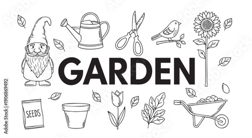 Illustrated garden tools and flowers on a white background with the word "GARDEN" in bold letters, perfect for spring gardening themed projects.