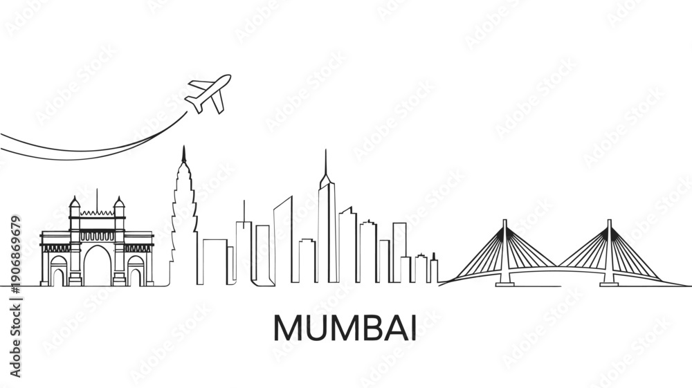 Naklejka premium A minimalist line drawing depicts iconic landmarks of the city of mumbai