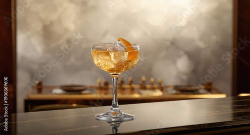 Golden cocktail with shimmering ice served in an upscale hotel bar against a soft warm bokeh light backdrop