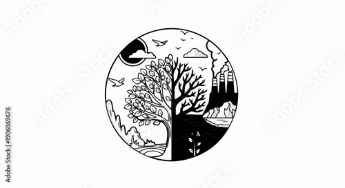 Dichotomy of nature and industry depicted within a circle