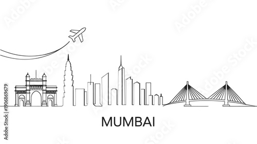 A minimalist line drawing depicts iconic landmarks of the city of mumbai