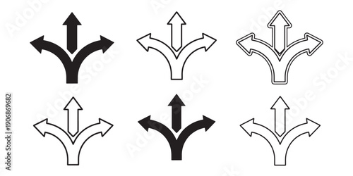 Vector set of three-way split arrow icons, collection of triple direction pointers and decision point symbols for web and business infographic design.
