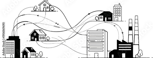 Diagram shows flow between houses, offices, and factories with connecting arrows
