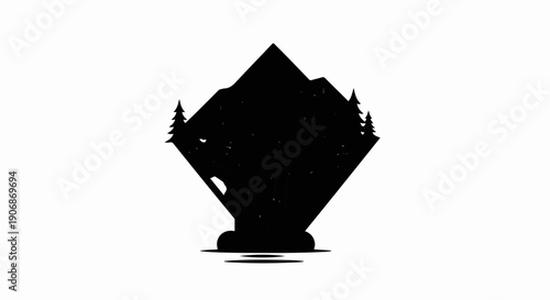 Diamond shaped silhouette of a forest landscape with mountains and water