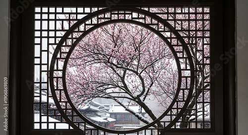 Wallpaper Mural View of blooming cherry tree through traditional circular window lattice Torontodigital.ca