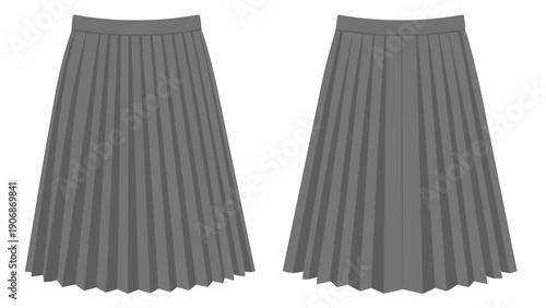 Versatile gray pleated midi skirt vector template front and back views for fashion design