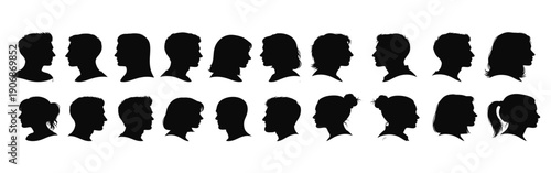 Collection of diverse human head silhouettes in profile.