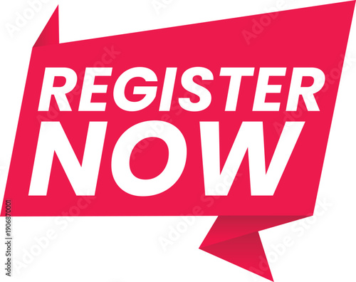 A bright pink speech bubble with the words REGISTER NOW in white text on a plain white background