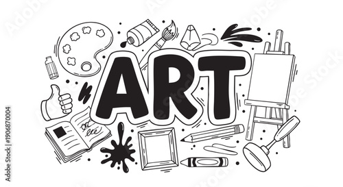 Black and white hand-drawn doodle illustration featuring the word "Art" with paint supplies, sketchbook, easel, ideal for creative projects.