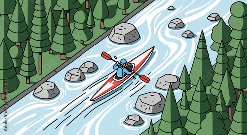 Kayaker paddling through serene forest river with rocks