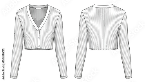 Contemporary women's ribbed cropped cardigan design flat sketch with precise technical detailing for garment construction and fashion illustration