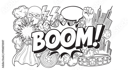 Dynamic black and white comic book style illustration featuring superhero elements, including a masked character, cityscape, and the word "BOOM!", suitable for a vibrant, action-packed design.