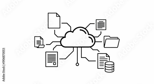 Digital cloud with connected documents, folders, and database icons