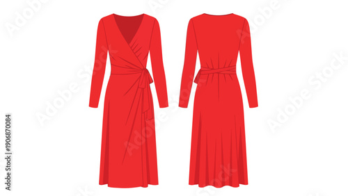 Elegant long-sleeved midi wrap dress in a vibrant red hue, showcasing both front and back views for comprehensive fashion design illustration and