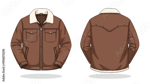 This vector graphic displays a brown jacket with a white fur collar, showing front and back views for fashion design and apparel catalog production