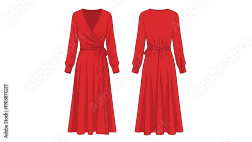 Precise fashion technical drawing of a stunning crimson long-sleeved midi wrap dress. Displays front and back views, ideal for apparel design and