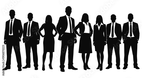 Group of business professionals standing together in formal attire.