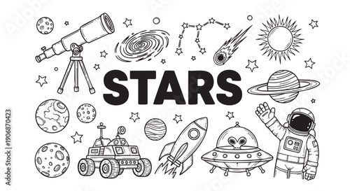Whimsical hand-drawn vector illustration of space themed elements including astronaut, planets, telescope and the word STARS in a playful outline style.
