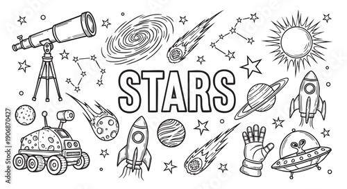 Black and white doodle illustration of space elements including stars, planets, rockets, telescope, asteroids, alien spaceship perfect for coloring books or graphic design.