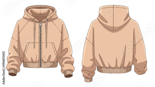 Contemporary cropped zip-up hoodie design in light beige, front and back technical fashion illustration concept