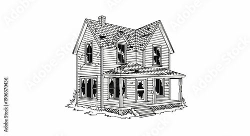Dilapidated wooden house with broken windows and damaged roof