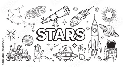 Monochrome drawing features space theme with stars, planets, rocket, astronaut, and telescope, ideal for educational or creative designs.