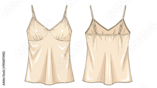 Graceful beige camisole technical drawing showcasing front and rear perspectives, illustrating a delicate undergarment silhouette perfect for casual