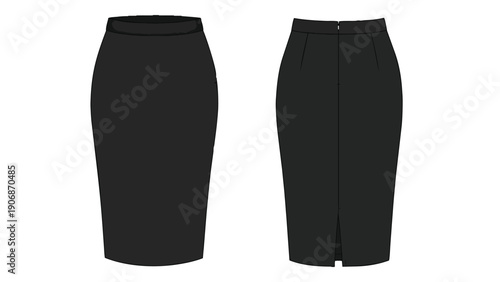 Elegant black pencil skirt flat lay illustration showcasing a timeless silhouette with versatile styling options for professional and sophisticated