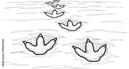 Dinosaur footprints imprinted in a rippling water surface, illustrated