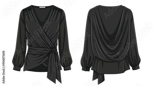 Elegant black wrap blouse fashion technical drawing with draped cowl back and cinched waist design