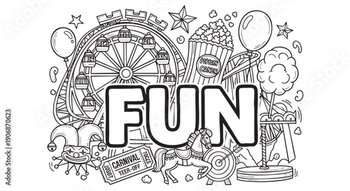 Hand-drawn carnival doodles showcase the word "FUN", a Ferris wheel, popcorn, and games, perfect for coloring books or creative design projects.