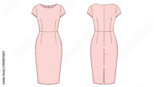 Elegant light pink pencil dress flat sketch design, showcasing front and back views with detailed dart lines and waist seam for women's apparel