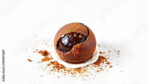 Single dark chocolate truffle with cocoa powder on white