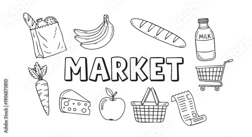 Black and white hand-drawn illustration features groceries, shopping carts, and the word MARKET, ideal for food market related content.