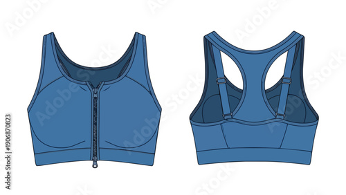 Detailed technical flat sketch illustrating a blue athletic sports bra with front zipper closure and racerback design for ultimate comfort and support