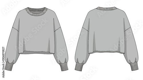 Front and back views of a grey cropped sweatshirt technical flat sketch. Features balloon sleeves, ribbed crew neck, dropped shoulders. Key for