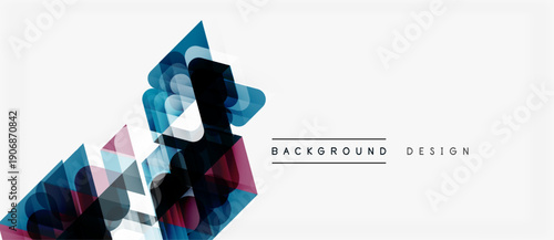 Abstract geometric shapes overlap, creating dynamic visual effect. Blue, purple hues dominate white space. Modern design element.