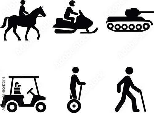Set of Transportation Silhouettes Including Horse Rider Tank and Segway