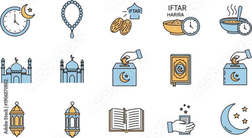 Embrace the spirit of Ramadhan Kareem with this vibrant collection of outline icons, perfect for illustrating Islamic traditions, charity, and devotion during the holy month